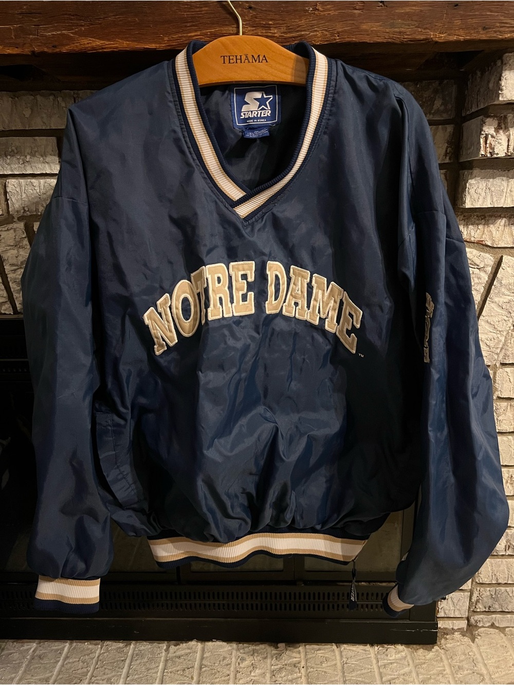 STARTER Navy and Cream Notre Dame Pullover Varsity Jacket